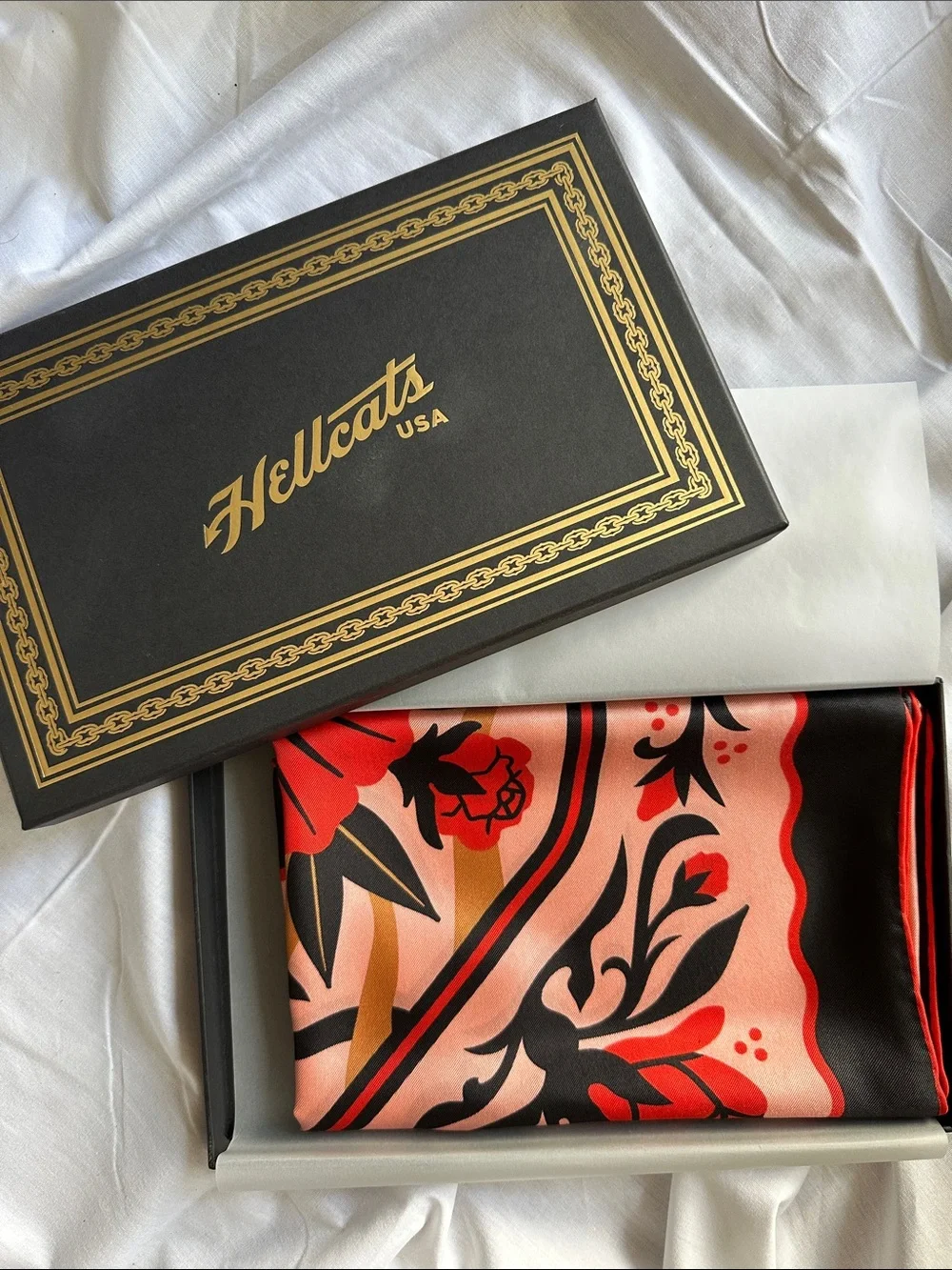 Hellcats USA Moth Girl Silk Scarf 35” Art Deco Hand Rolled Edges w/ Box